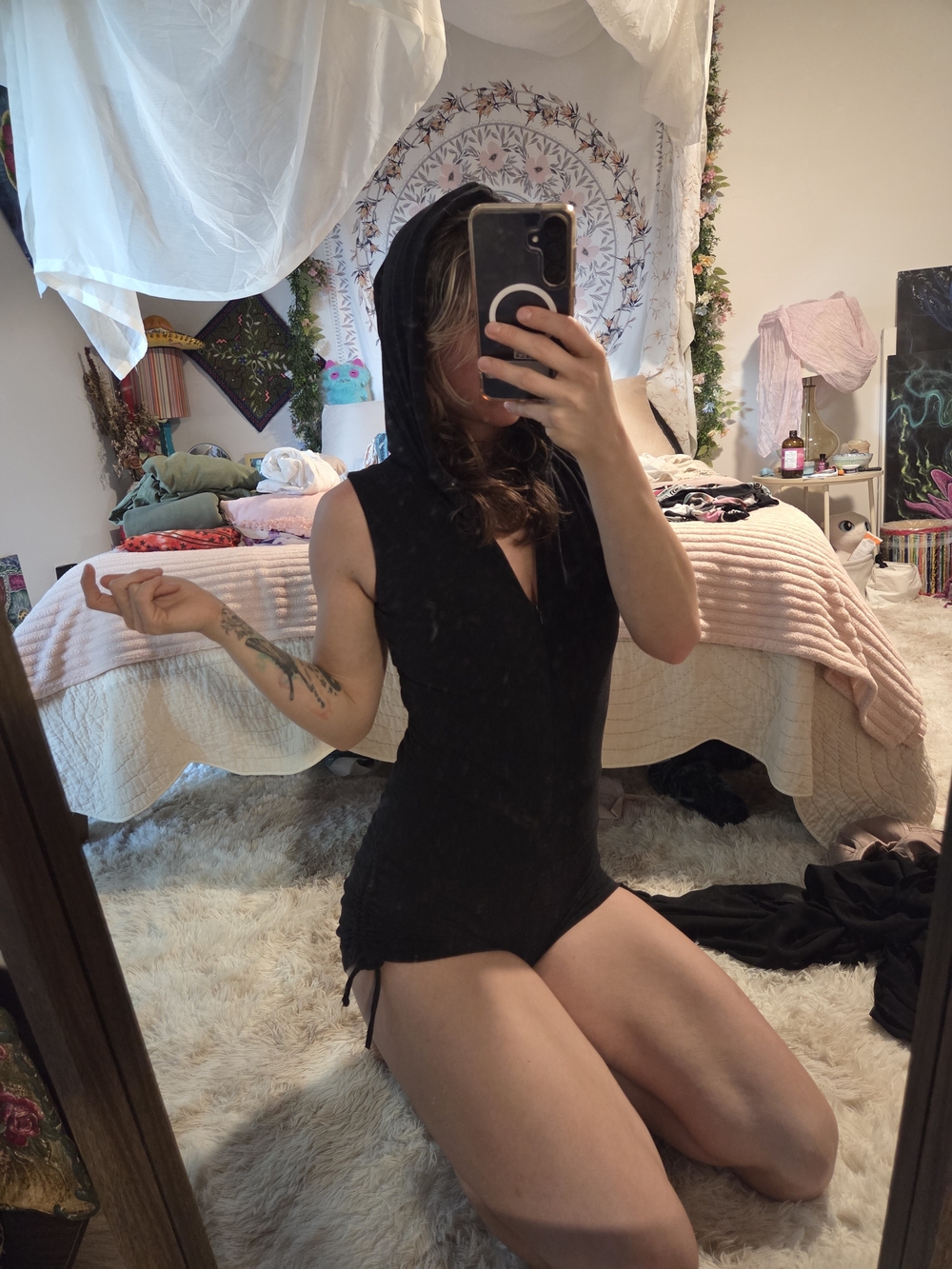 Black Sleeveless Warrior Within Hooded Romper